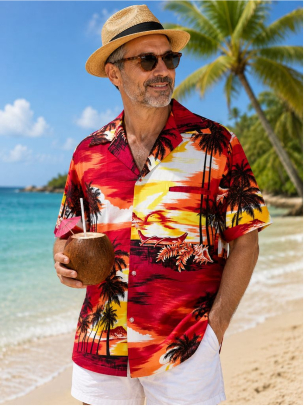 Kai Nani Casual Button Down Shirt Red Yellow Palm Tree Men’s Size XL